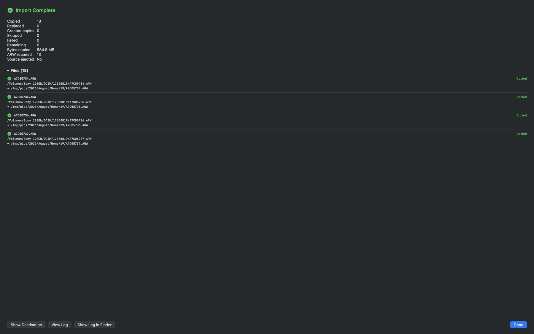 Camera Raw Importer completion summary
