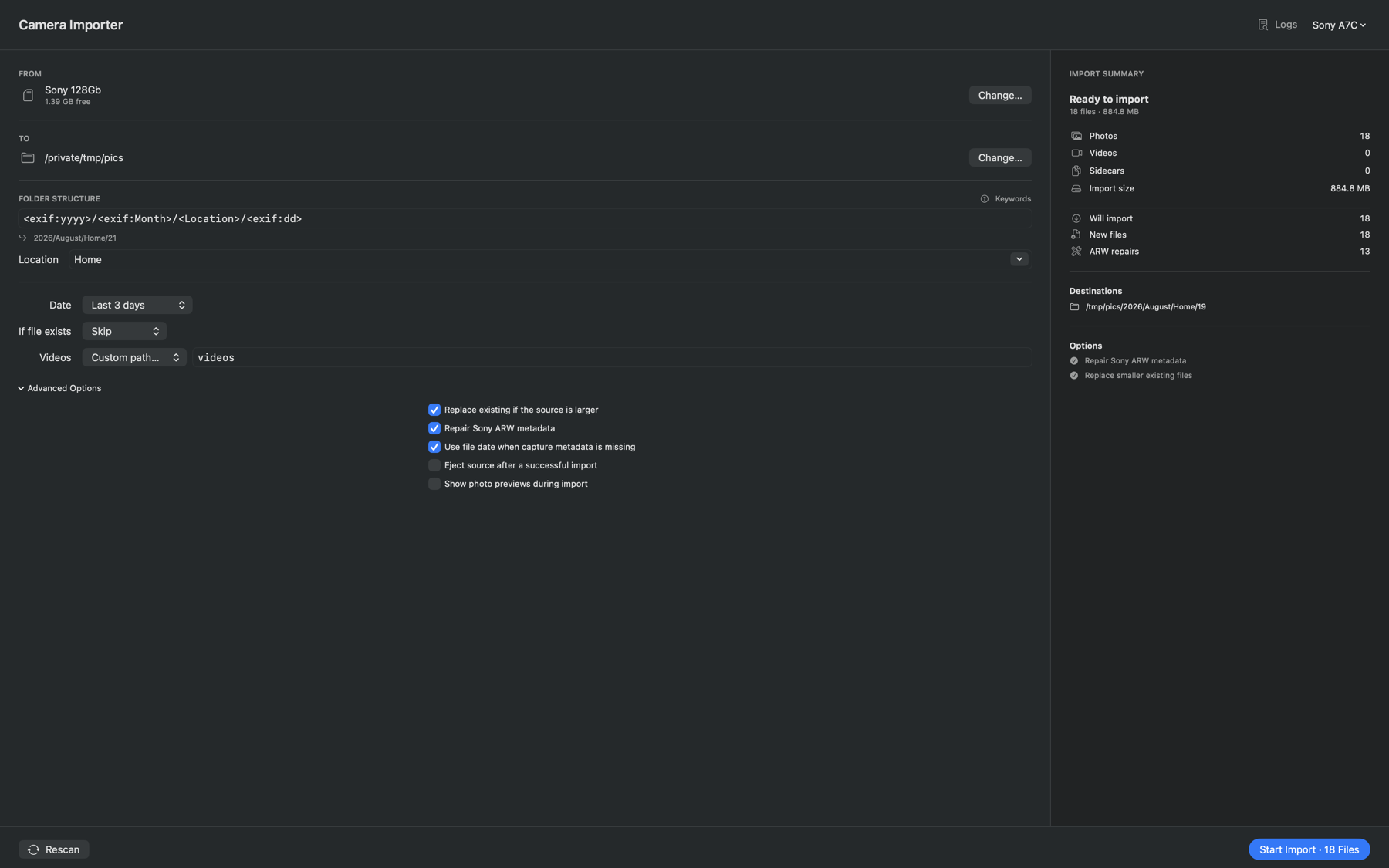 Camera Raw Importer preflight summary before copying files
