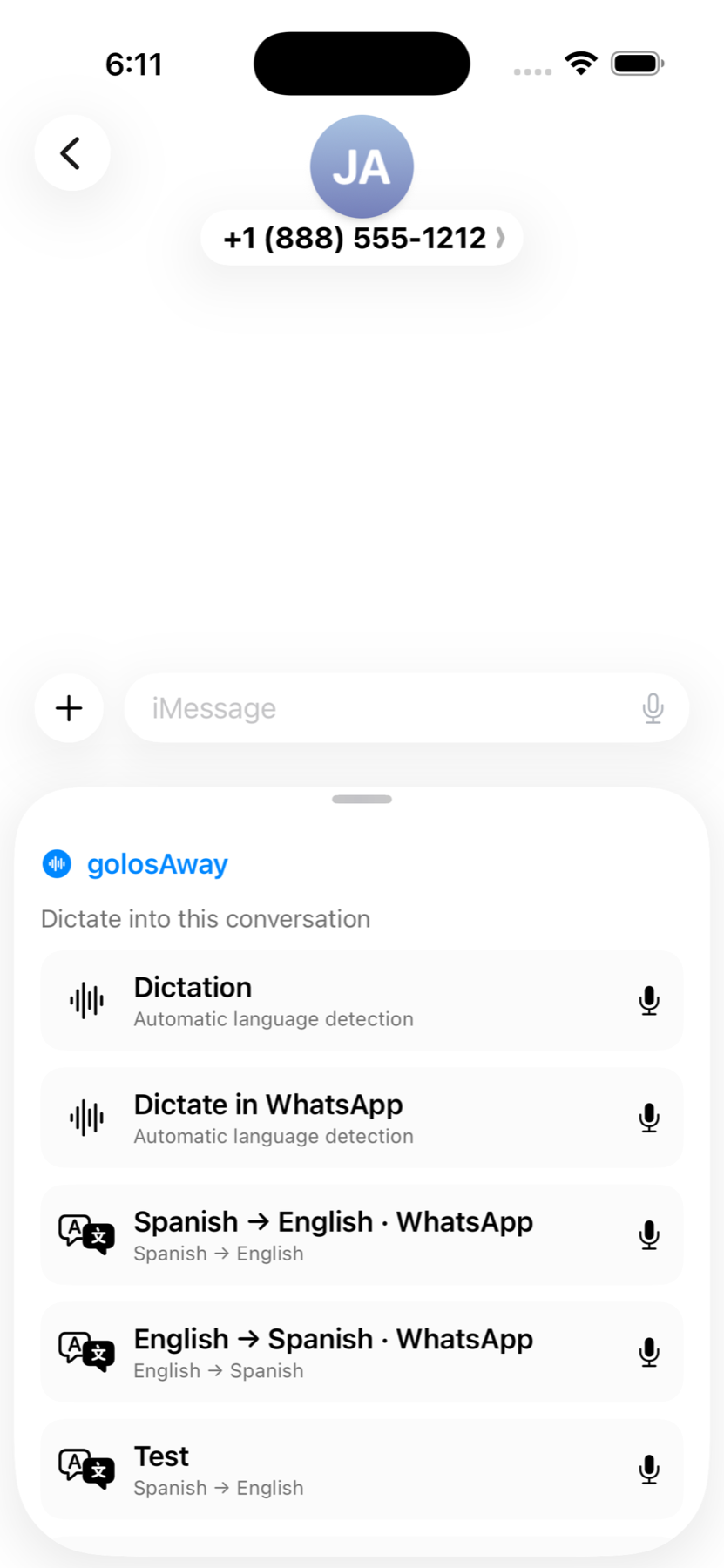 golosAway preset picker inside an iMessage conversation