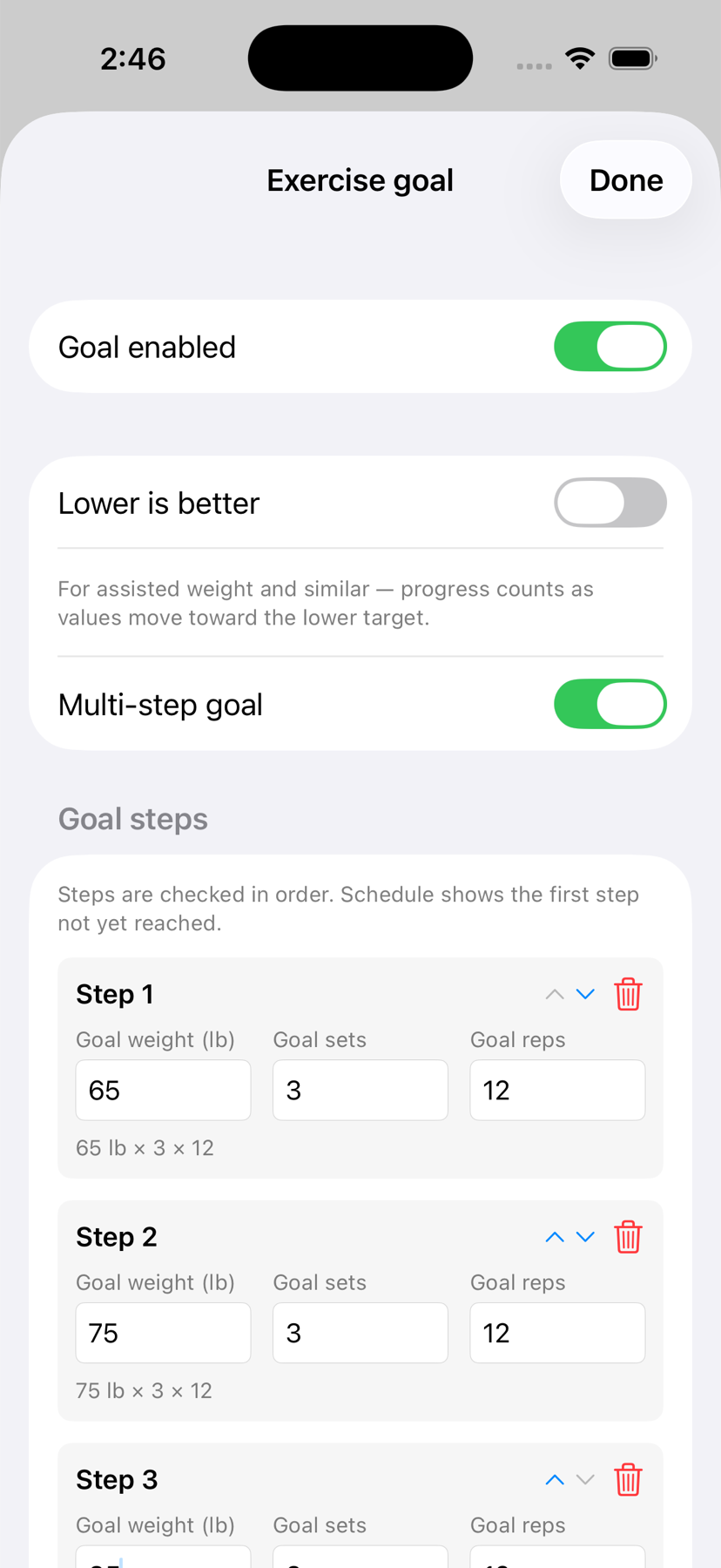 Kachai multi-step exercise goal editor