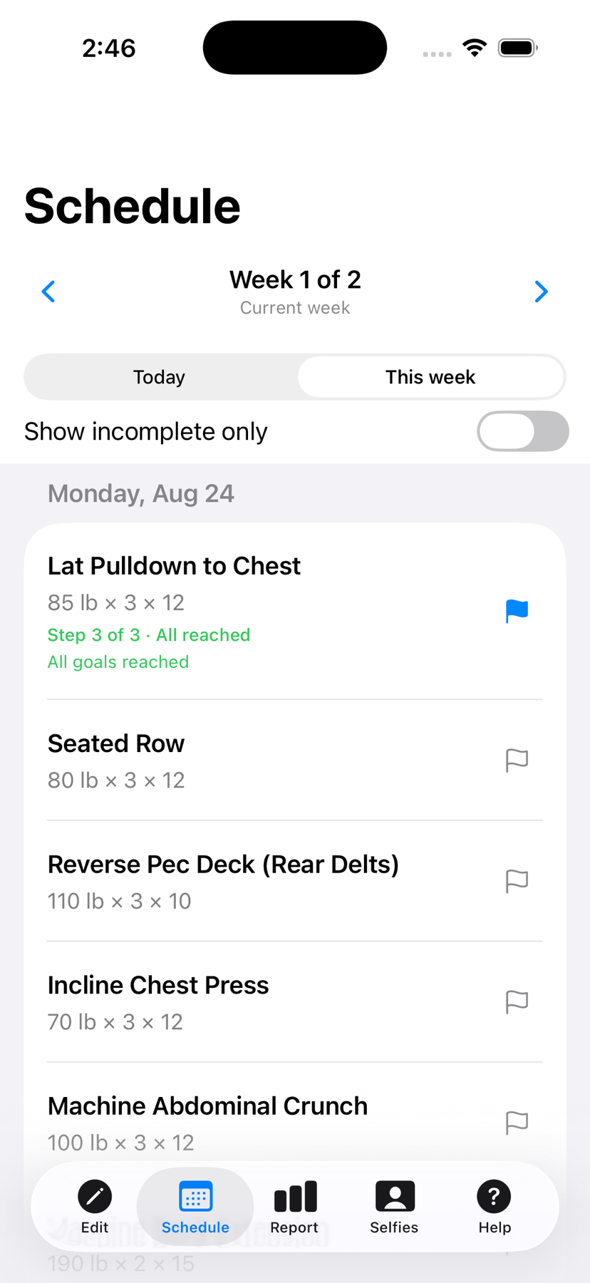 Kachai showing a weekly workout schedule and completed goals