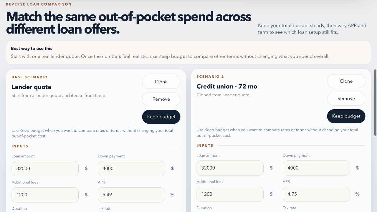 Out-of-Pocket Match comparing two lender scenarios side by side