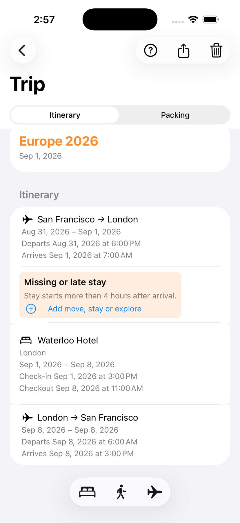 TripGap highlighting a missing or late hotel stay