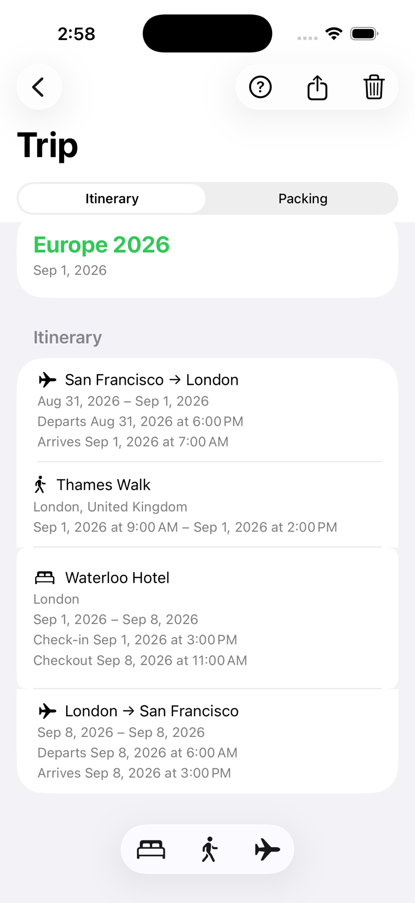 A complete TripGap itinerary with a flight, activity, and hotel